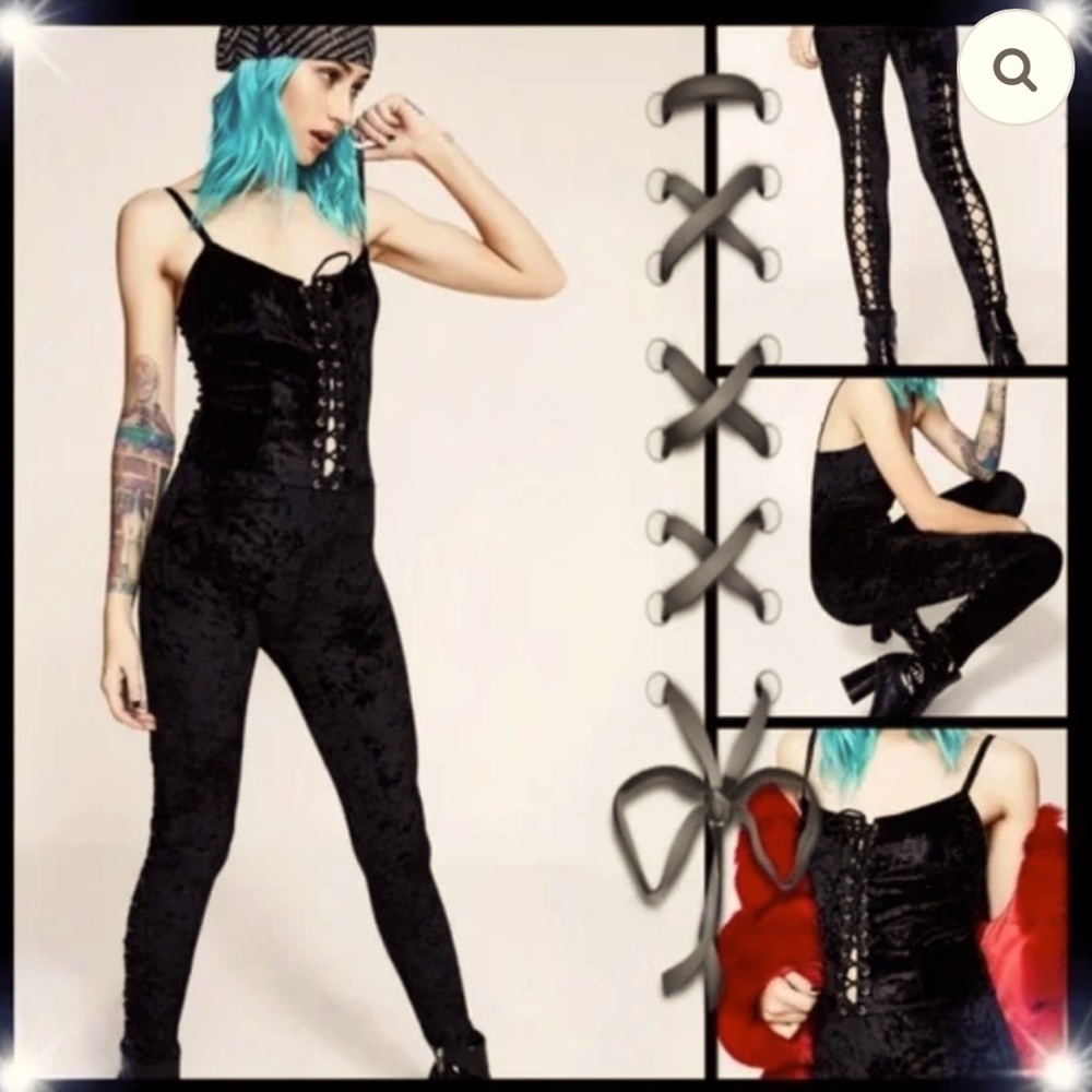Dolls kill NWOT black crushed velvet lace velour catsuit jumpsuit onsie romper L